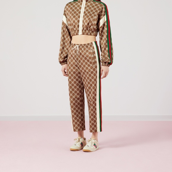 size M Gucci Women GG Cropped Track Pants Tear Away Buttons Web Beige Brown - Picture 6 of 15